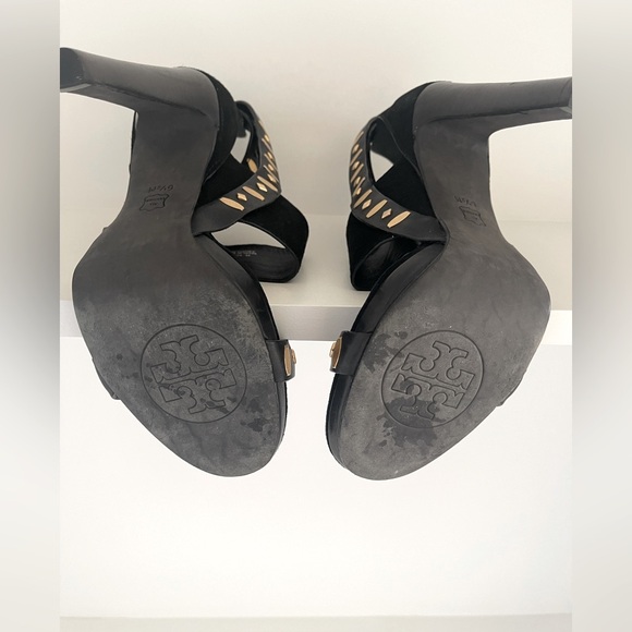 Tory Burch Verona Size 6.5 Black Suede Gold Studded High Heels - Picture 7 of 9